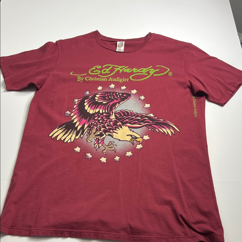 Ed Hardy Maroon T-Shirt with Eagle Graphic